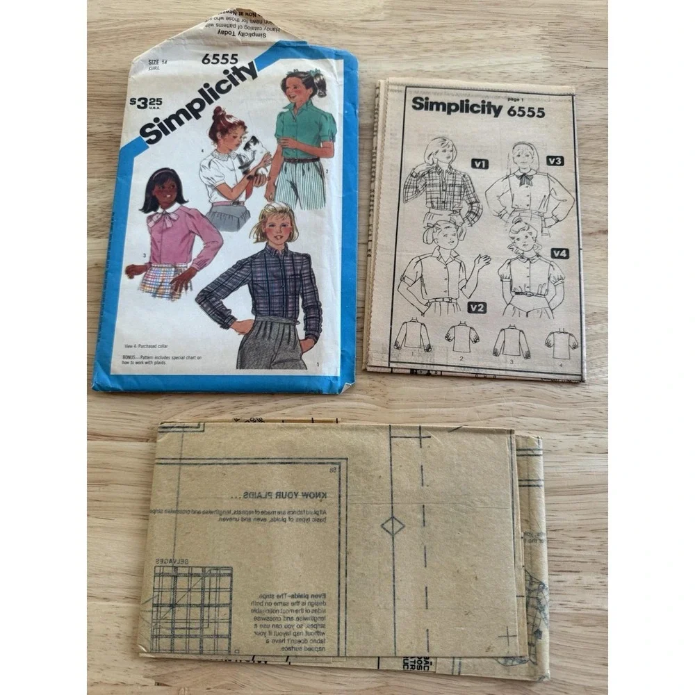 Simplicity Sewing Pattern 6555 Girls 1980s Set of Blouses‎ Button Up 14 Uncut FF